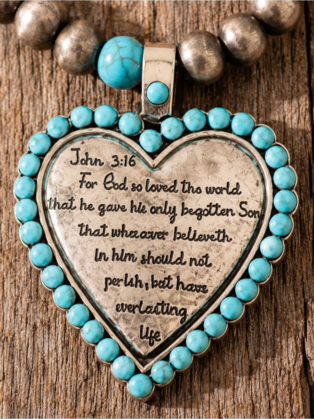 John 3:16 Heart Necklace Christian Faith Gift Turquoise Western Boho